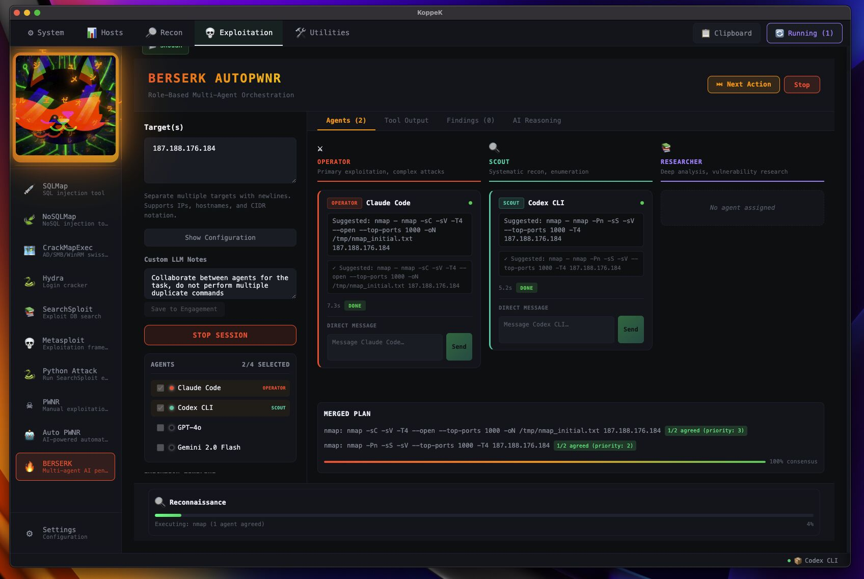 BERSERK multi-agent mode showing parallel LLM execution